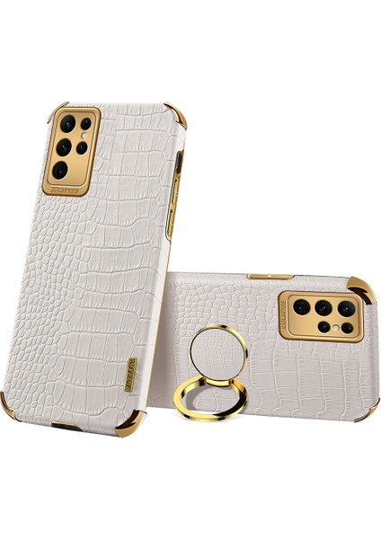 Samsung Galaxy S24 Ultra Timsah Doku Yüzüğü Kickstand Deri+Tpu Kapağı (Yurt Dışından)
