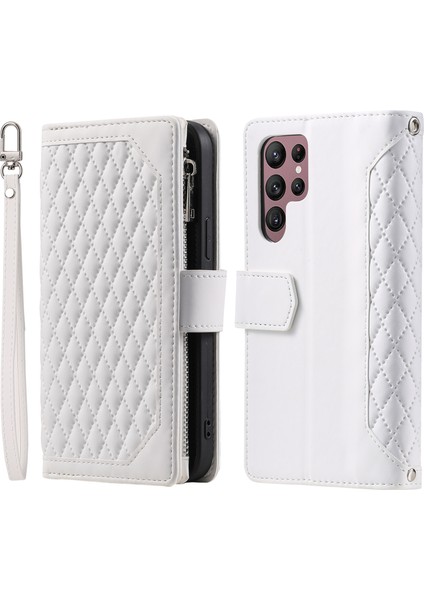 Samsung Galaxy S24 Ultra Zipper Cep Rhombus Deri Kapak Kayış (Yurt Dışından)