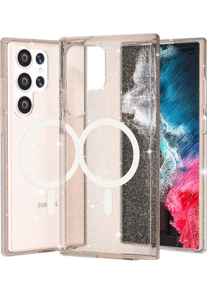 Samsung Galaxy S24 Ultra Manyetik Kılıf Glitter Hard Pc+Yumuşak Tpu Telefon Geri Kapak (Yurt Dışından)