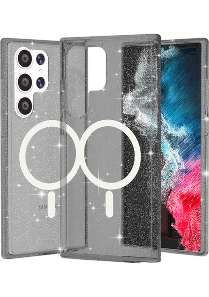 Samsung Galaxy S24 Ultra Manyetik Kılıf Glitter Hard Pc+Yumuşak Tpu Telefon Geri Kapak (Yurt Dışından)