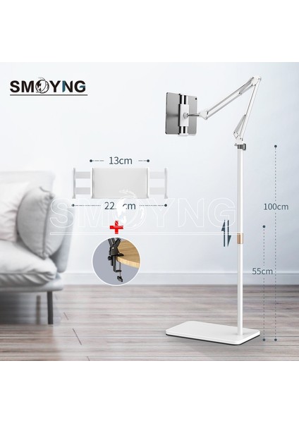 Beyaz Stil Smoyng 160CM Ölçeklenebilir Esnek Kol Zemin Tablet Telefon Standı Tutucu Desteği iPad PRO12.9 Şezlong Yatak Dağı (Yurt Dışından)