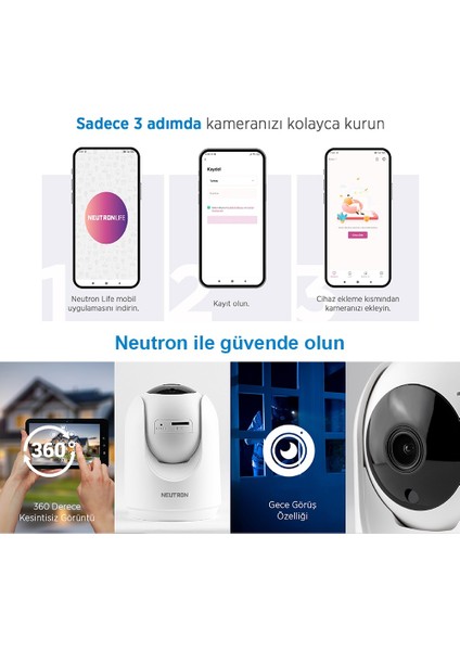 NEUTRON 360° Derece Dönebilen Kızılötesi Gece Görüşlü Ip Güvenlik Kamerası Hd 1080p - App Ile Kontrol