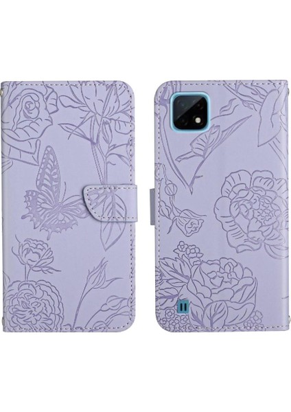 Realme C11 Pu Deri Kapak Çevirin Çiçekler ve Kelebekler ile (Yurt Dışından)
