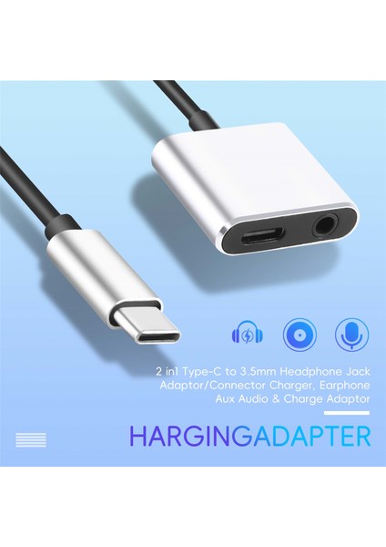 2'si 1 Arada Tip-C - 3,5 mm Kulaklık Jakı Adaptörü/konektörü Şarj Cihazı, Kulaklık Aux Ses ve Şarj Adaptörü Gümüş (Yurt Dışından)