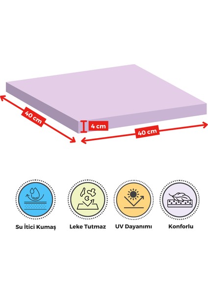 Fermuarlı 4'Lü Sandalye Minderi Su Itici Kumaş 40 x 40 cm Sünger Sandalye Minderi Bağcıklı Lila