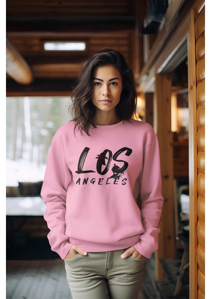 Los Angelas Tarz Baskılı Kadın Bisiklet Yaka Sweatshirt