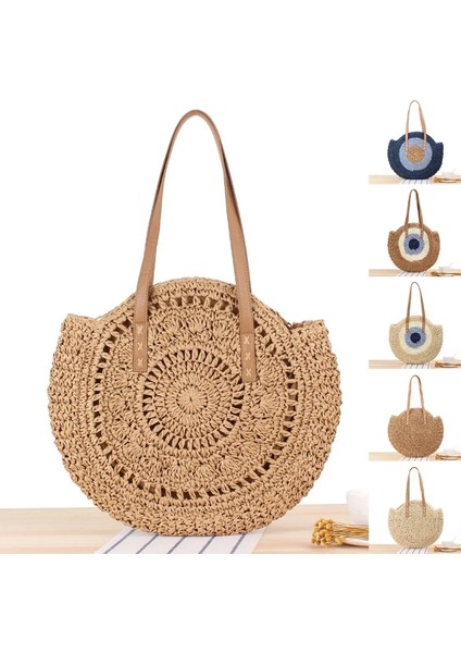 Çizgili-Bej Tarzı Yuvarlak Hasır Plaj Çantası Eski El Yapımı Dokuma Omuz Çantası Rafya Daire Rattan Çantalar Bohem Yaz Tatili Günlük Çantalar (Yurt Dışından)