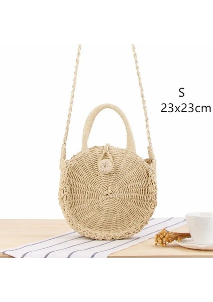 Bej S Tarzı Yuvarlak Hasır Plaj Çantası Eski El Yapımı Dokuma Omuz Çantası Rafya Daire Rattan Çantalar Bohem Yaz Tatili Günlük Çantalar (Yurt Dışından) fiyatları