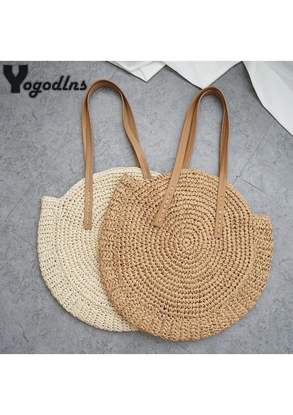 Bej S Tarzı Yuvarlak Hasır Plaj Çantası Eski El Yapımı Dokuma Omuz Çantası Rafya Daire Rattan Çantalar Bohem Yaz Tatili Günlük Çantalar (Yurt Dışından) fırsatları