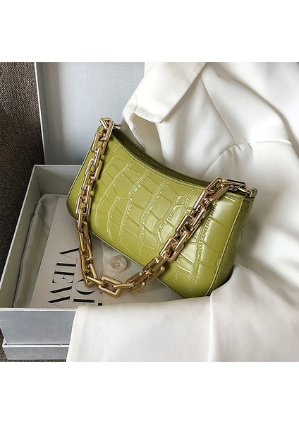 Mor Tarzı 25CMX14CMX4CM Leftsıde Stone Pattern Pu Leather Armpit Bag For Womeolid Color Chain Shoulder Handbags Female Travel Fashion Hand Bag (Yurt Dışından)