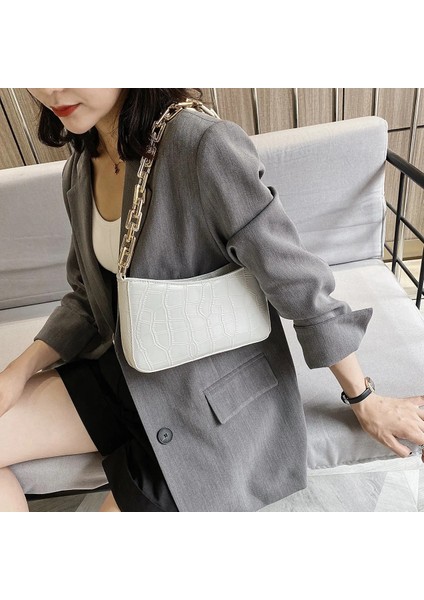 Mor Tarzı 25CMX14CMX4CM Leftsıde Stone Pattern Pu Leather Armpit Bag For Womeolid Color Chain Shoulder Handbags Female Travel Fashion Hand Bag (Yurt Dışından) modelleri