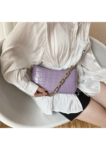 Mor Tarzı 25CMX14CMX4CM Leftsıde Stone Pattern Pu Leather Armpit Bag For Womeolid Color Chain Shoulder Handbags Female Travel Fashion Hand Bag (Yurt Dışından) indirimleri