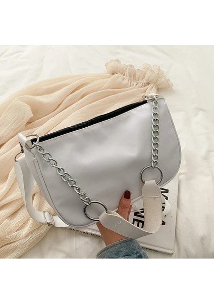 White Style2 Style 2022 New Nylon Bag Women Vintage Black Shoulder Bag Casual Girls Armpit Bag Solid Color Handbag Street Crossbody Bag (Yurt Dışından)