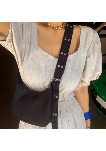 White Style2 Style 2022 New Nylon Bag Women Vintage Black Shoulder Bag Casual Girls Armpit Bag Solid Color Handbag Street Crossbody Bag (Yurt Dışından)
