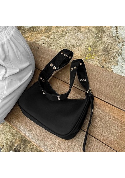 White Style2 Style 2022 New Nylon Bag Women Vintage Black Shoulder Bag Casual Girls Armpit Bag Solid Color Handbag Street Crossbody Bag (Yurt Dışından)