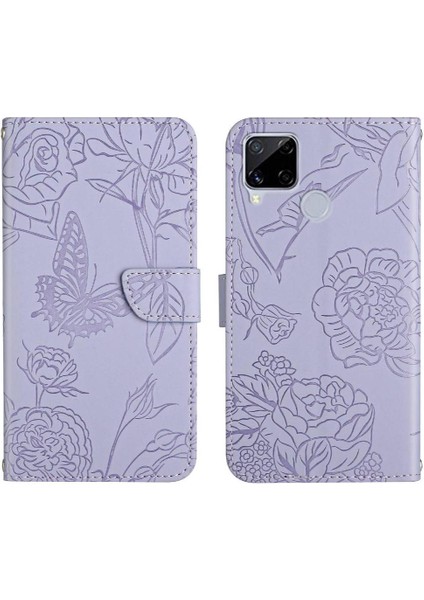Realme C15/C12 Darbeye Deri Kılıf Çiçekler ve Kelebekler Pu Için Kılıf (Yurt Dışından)