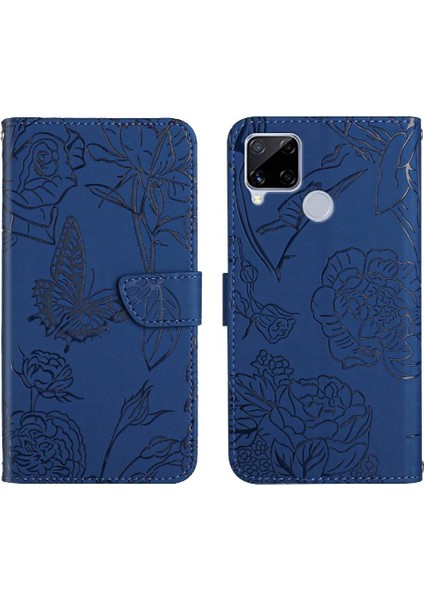 Realme C15/C12 Darbeye Deri Kılıf Çiçekler ve Kelebekler Pu Için Kılıf (Yurt Dışından)