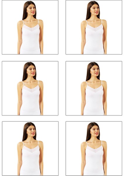 20572 6'lı Paket Kadın Pamuklu Tül Detaylı İnce Askılı Atlet