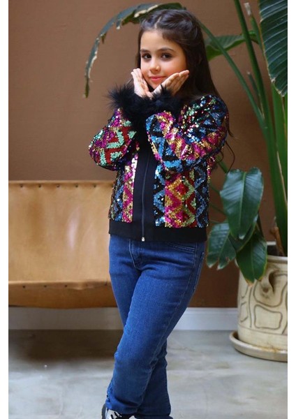 Kız Çocuk Pulpayet ve Kol Uçları Tüy Detaylı Ceket, Denim Pantolonlu, Siyah Alt Üst Takım