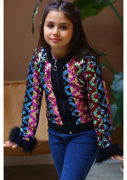 Kız Çocuk Pulpayet ve Kol Uçları Tüy Detaylı Ceket, Denim Pantolonlu, Siyah Alt Üst Takım modelleri