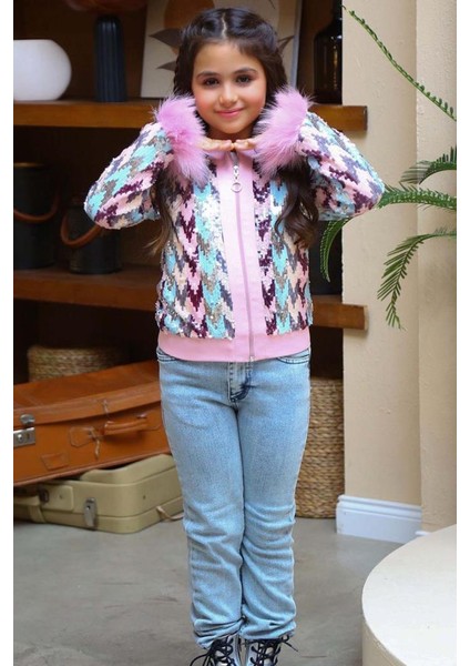 Kız Çocuk Pulpayet ve Kol Uçları Tüy Detaylı Ceket, Denim Pantolonlu, Pembe Alt Üst Takım