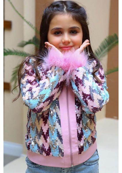 Kız Çocuk Pulpayet ve Kol Uçları Tüy Detaylı Ceket, Denim Pantolonlu, Pembe Alt Üst Takım fırsatları