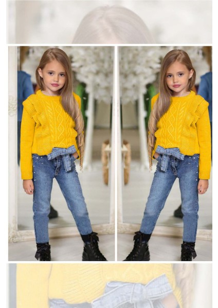 Kız Çocuk Fırfır ve Saç Örgü Detaylı Triko Bluz ve Jeans Pantolon Sarı Alt Üst Takım modelleri