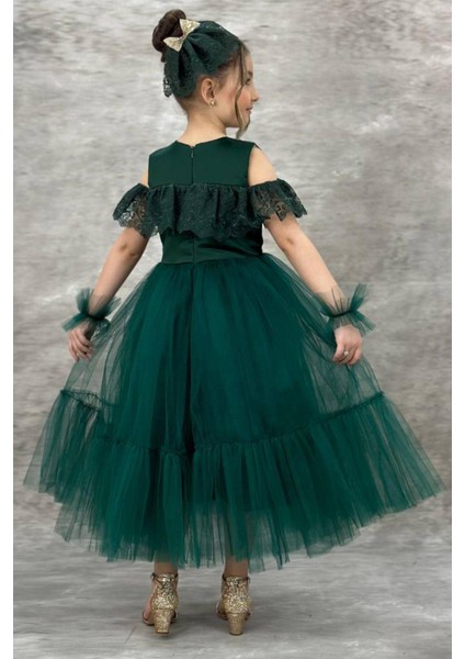 Kız Çocuk Yakası Transparan Omzu Açık Göğsü ve Kolları Güpür Işlemeli Yeşil Abiye fiyatları