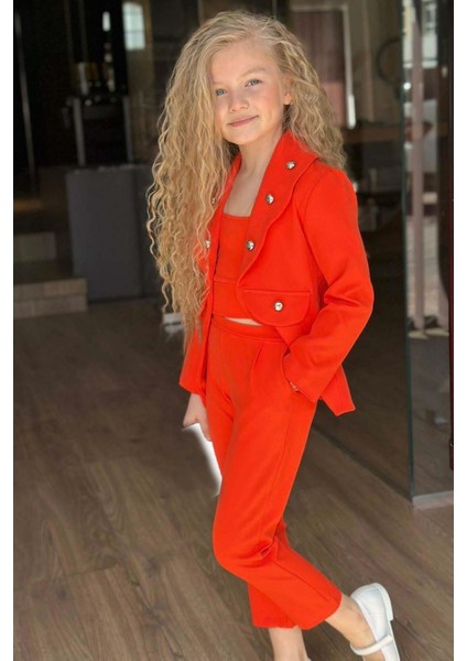 Kız Çocuk Gümüş Düğme Detaylı Blazer Ceket ve Turuncu Alt Üst Takım