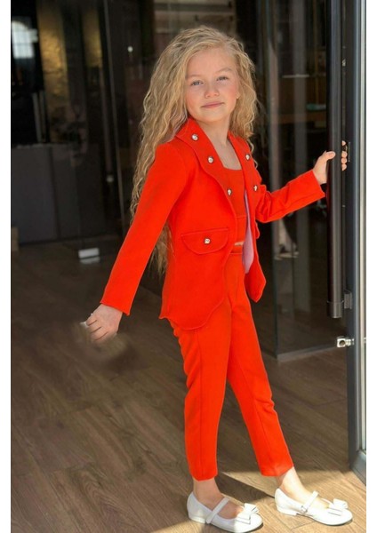 Kız Çocuk Gümüş Düğme Detaylı Blazer Ceket ve Turuncu Alt Üst Takım fiyatları