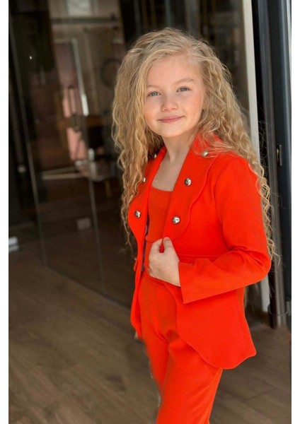 Kız Çocuk Gümüş Düğme Detaylı Blazer Ceket ve Turuncu Alt Üst Takım modelleri