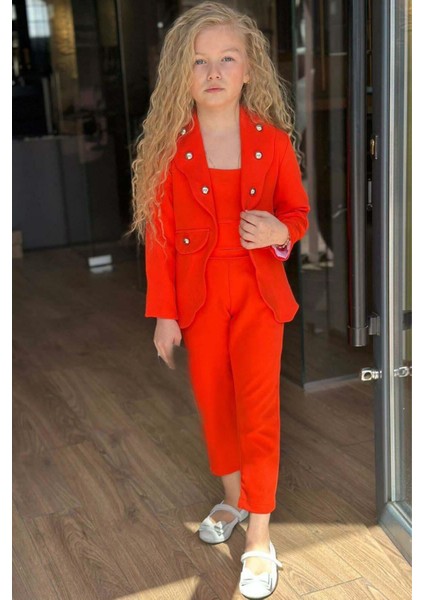 Kız Çocuk Gümüş Düğme Detaylı Blazer Ceket ve Turuncu Alt Üst Takım fırsatları