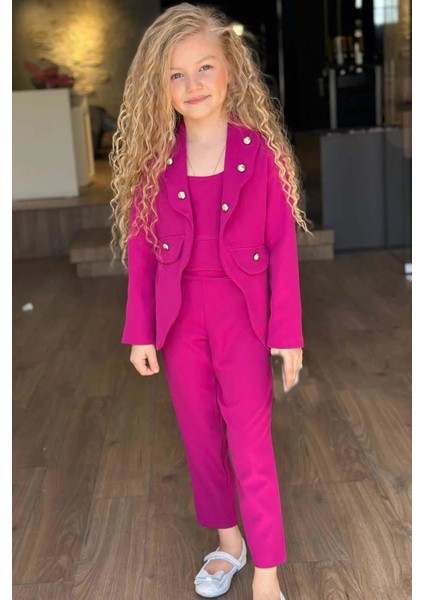 Kız Çocuk Gümüş Düğme Detaylı Blazer Ceket ve Mor Alt Üst Takım