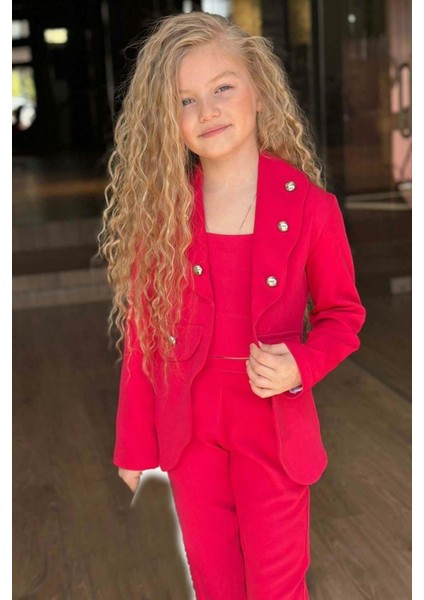 Kız Çocuk Gümüş Düğme Detaylı Blazer Ceket ve Fuşya Alt Üst Takım
