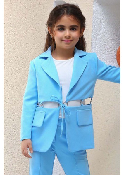 Kız Çocuk Halka Detaylı Blazer Ceket ve Yırtmaç Detaylı Ispanyol Paçalı Pantolon Mavi Alt Üst Takım fırsatları
