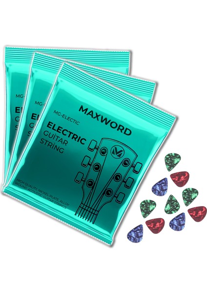 Maxword Gt-Electric-3x Elektro Gitar Teli 3 Takım Set + 10 Pena