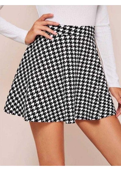 Kadın Kazayağı Desen Mikro Kumaş Mini Kloş Etek fiyatları
