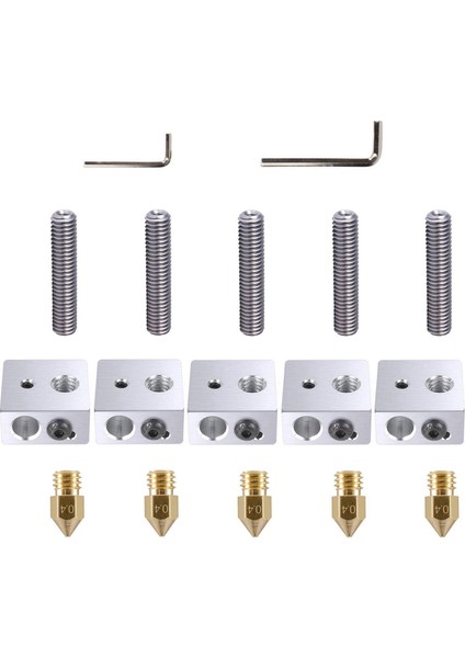 5 Adet 30MM Uzunluk Ekstruder 1.75MM Boğaz Borusu ve 5 Adet 0.4mm Pirinç Ekstruder Memesi ve 5 Adet Isıtıcı Blok Hotend (Yurt Dışından)