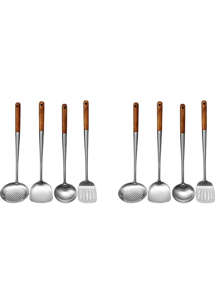 2x Uzun Saplı Paslanmaz Çelik Wok Spatula Mutfak Oluklu Turner Pirinç Kaşığı Pota Pişirme Araçları Gereçler Seti (Yurt Dışından)