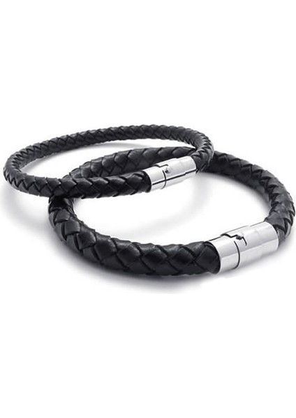 2x Paslanmaz Çelik Deri Bileklik, Örgülü Deri Bileklik, Erkek Kadın Için, Siyah - Genişlik 6mm - Uzunluk 19CM (Yurt Dışından)