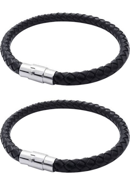 2x Paslanmaz Çelik Deri Bileklik, Örgülü Deri Bileklik, Erkek Kadın Için, Siyah - Genişlik 6mm - Uzunluk 23CM (Yurt Dışından)