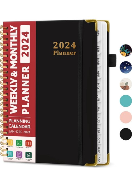 2024 Planlayıcı - Haftalık ve Aylık Planlayıcı Spiral Ciltli, Ocak 2024 - Aralık 2024, A5 (6,7 x 8,6 Inç), Sekmeli Planlayıcı, C (Yurt Dışından)