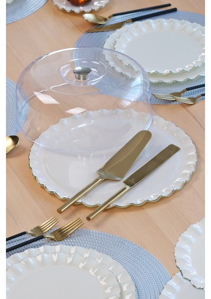 Solid Krem Wavy Platin Yaldızlı 6 Kişilik 34 Parça Pasta Servis Takımı modelleri