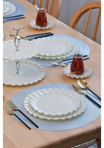 Solid Krem Wavy Platin Yaldızlı 6 Kişilik 34 Parça Pasta Servis Takımı fırsatları