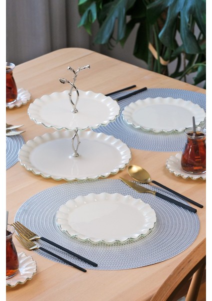 Solid Krem Wavy Platin Yaldızlı 6 Kişilik 26 Parça Pasta Takımı
