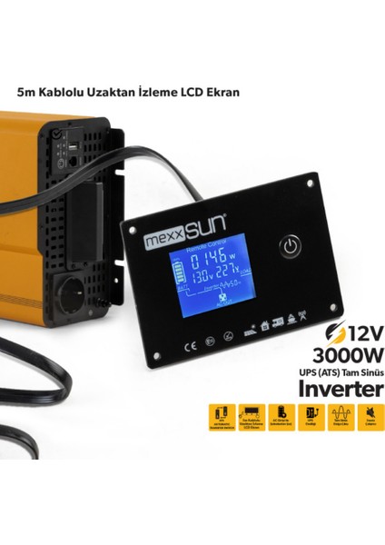 12V VOLT-3000W Watt Ups Tam Sınüs Inverter ( Ekranlı )