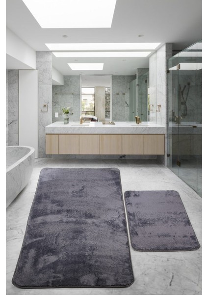 Relax Antrasit 80X150 + 50X80 cm Büyük Ebat 2'li Banyo Halısı Paspası Seti Kaymaz Klozet Takımı