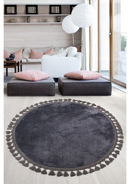 Relax Antrasit Yuvarlak 100X100 cm Ponpon Saçaklı Kaymaz Tabanlı Makinede Yıkanabilir Banyo Paspası