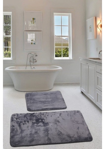 Relax Antrasit Köşeli 60X100 + 50X60 cm 2'li Pufidik Banyo Paspası Seti Kaymaz Klozet Takımı