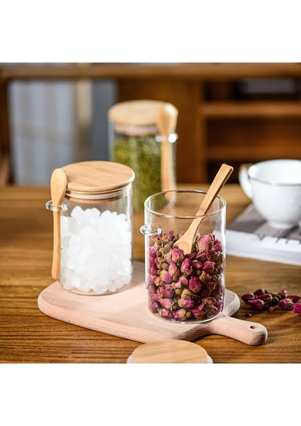 Borosilikat Cam Bambu Kapaklı ve Bambu Kaşıklı Baharat Seti 6 Adet 450ml